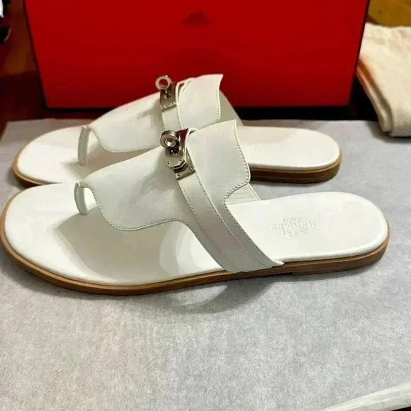 Hermes
Calfskin Womens Elixir
Sandals Sz 38 White

New/Full set 
Receipt in pics - Picture 3 of 6